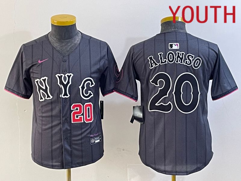 Youth New York Mets #20 Alonso Black City Edition 2024 Nike MLB Jersey style 4